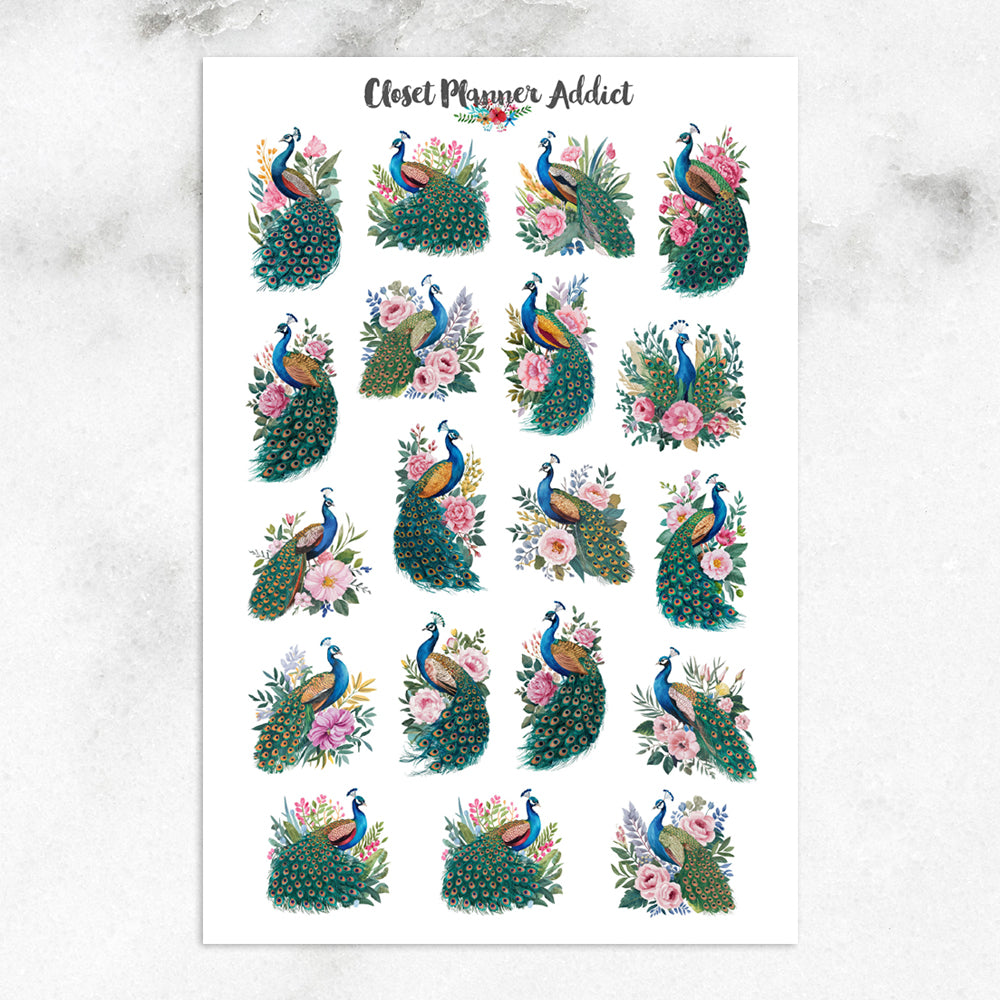 Watercolour Peacocks and Flowers Planner Stickers by Closet Planner Addict (S-729)