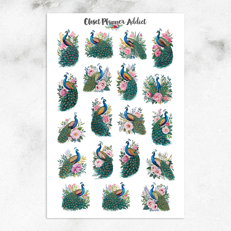 Watercolour Peacocks and Flowers Planner Stickers by Closet Planner Addict (S-729)